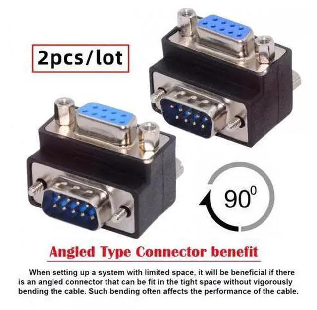 Alt view image 5 of 7 - Cable 2pcs/lot Up & Down Angled 90 Degree RS232 D-Sub 9Pin Screw Type Male to Female Nut Type Extension Adapter