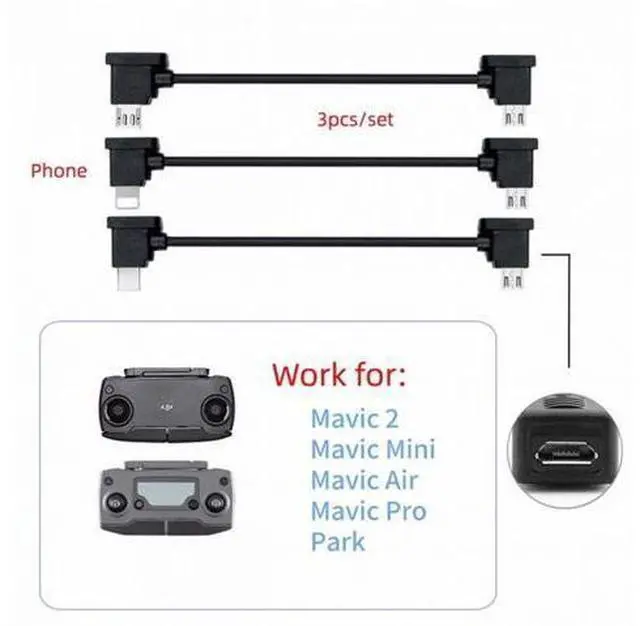 Alt view image 6 of 7 - 3pcs/set Remote Controller Data Cable Type-C Micro 8P to Micro USB for Mavic Pro Platinum Mavic Park RC Accessories