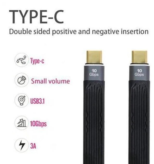 Alt view image 3 of 5 - Type-C USB-C Male to Male USB 3.1 10Gbps Flat Slim FPC Data Cable for Laptop & Phone 13cm