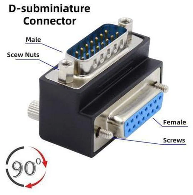 Alt view image 6 of 7 - HKCY DSUB RS232 D-subminiature 15pin Male Nut to Female Screw Extension Adapter DB Connector Up 90 Degree Angled