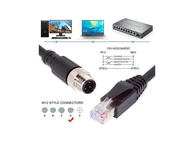 Alt view image 3 of 7 - M12 Type-D D-coded 4Pin Male to RJ45 Cat5e Male Cable Lan Ethernet Network Industrial Applications IP67 Patch Cord
