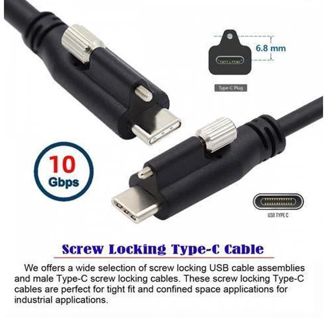 Alt view image 4 of 7 - USB 3.1 Type-C Locking to Locking USB-C Data Power Cable for Camera With Single Panel Mount Screw Connector (3.0m)