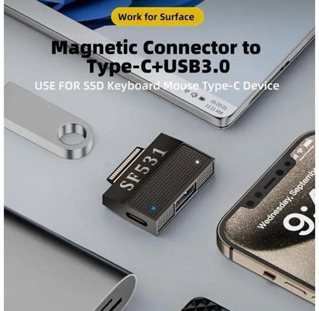 Alt view image 2 of 7 - Magnetic to USB3.1 Type-A & 15V Type-C USB-C Data Charge Adapter SF531 for Surface Pro9 Pro8 Pro7 Pro6 Pro X Go Book