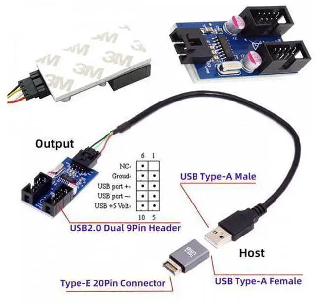 Alt view image 5 of 7 - USB 3.1 Front Panel Header Male Type-E to USB 2.0 Type-A Male 1 to 2 Female Motherboard 9pin 10pinHeader HUB Adapter Port Multiplier