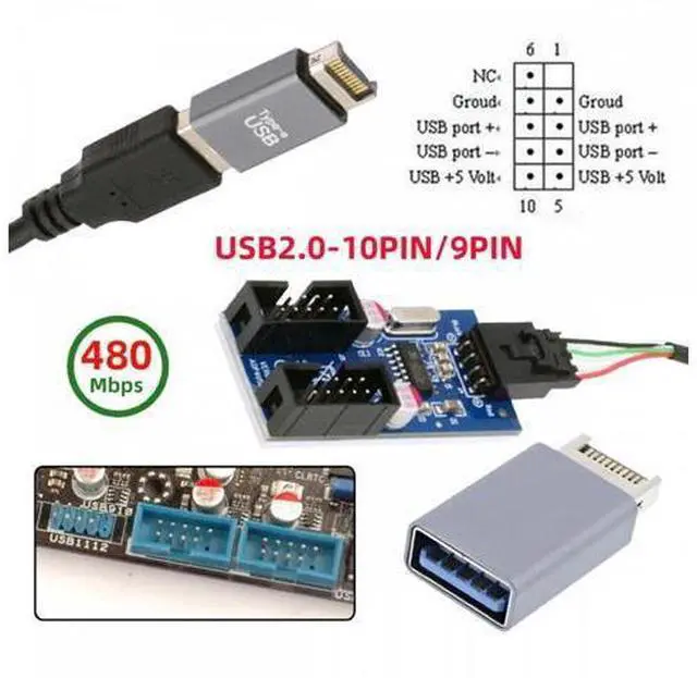 Alt view image 6 of 7 - USB 3.1 Front Panel Header Male Type-E to USB 2.0 Type-A Male 1 to 2 Female Motherboard 9pin 10pinHeader HUB Adapter Port Multiplier