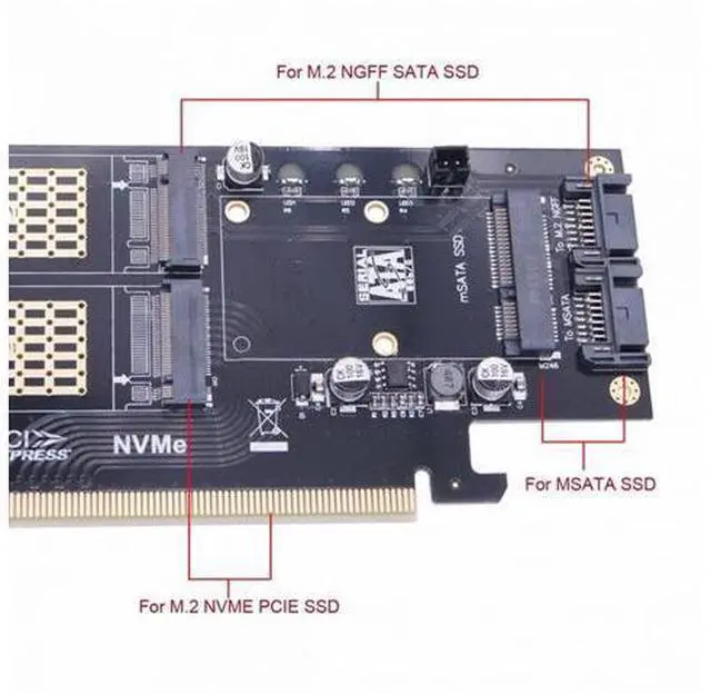 Alt view image 4 of 7 - PCI Express PCI-E 3.0 Dual SATA to NGFF NVME MSATA M-Key B/M-key SSD Card Adapter 3in1