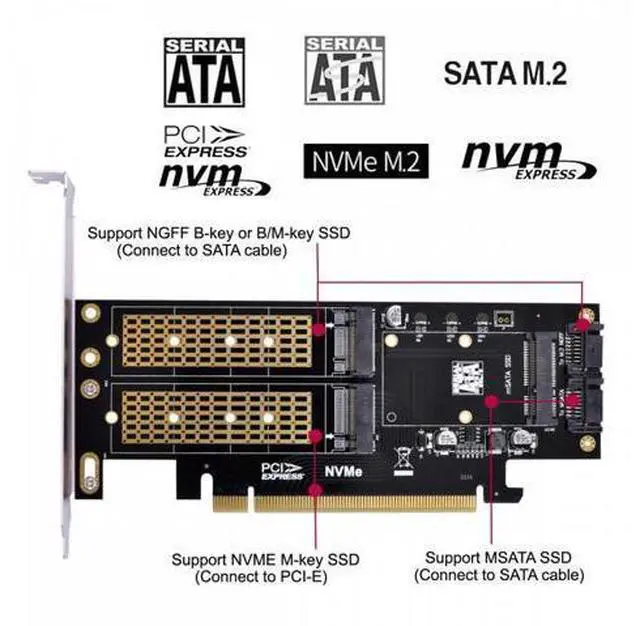 Alt view image 7 of 7 - PCI Express PCI-E 3.0 Dual SATA to NGFF NVME MSATA M-Key B/M-key SSD Card Adapter 3in1
