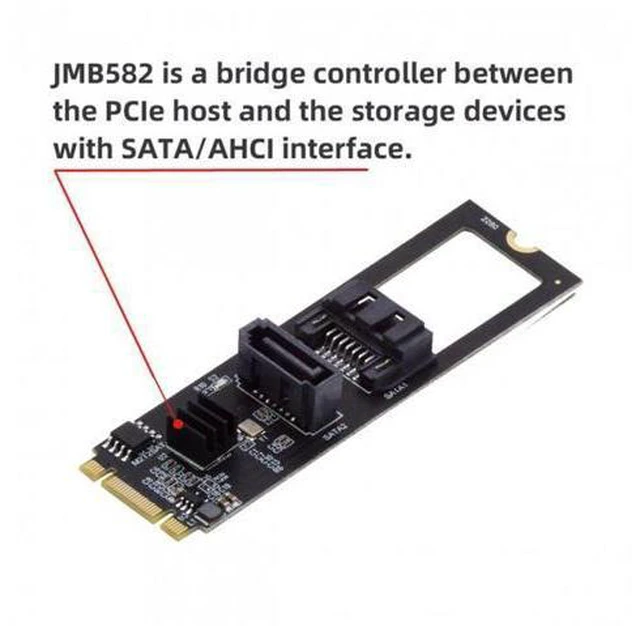 Alt view image 6 of 7 - NGFF Key B+M PCI Express to SATA 3.0 6Gbps Dual Ports Vertical Horizontal Adapter Converter Hard Drive Extension Card JMB582 2280