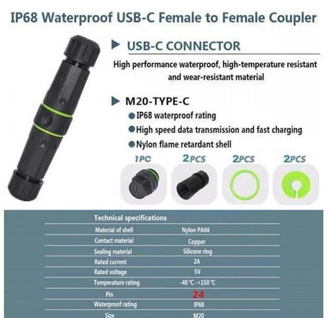 Alt view image 3 of 7 - M20 Locking IP68 Waterproof Type-C 10Gbps USB3.1 Female to USB-C Female Extension Adapter Coupler