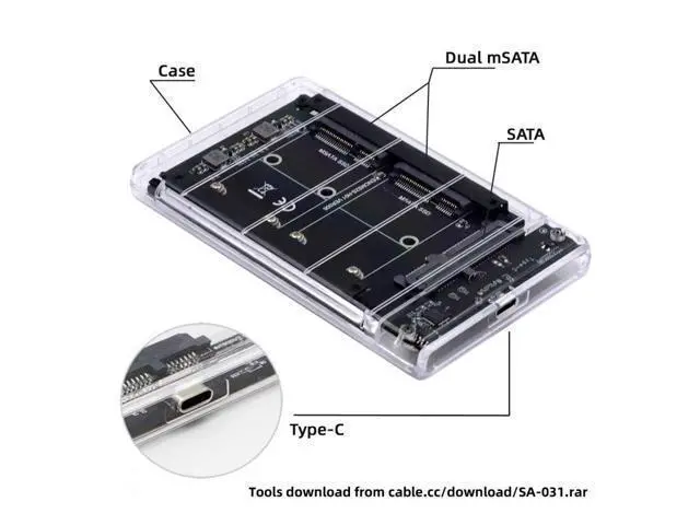 Alt view image 7 of 7 - HKCY Dual MSATA Mini-SATA SSD Card JBOD Raid0 Span Bridge to USB3.0 Type-C USB-C 2.5inch SATA Combo Enclosure