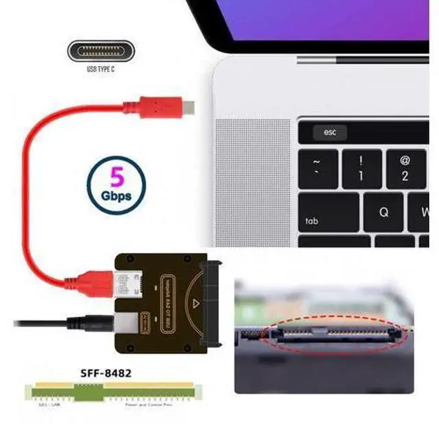 Alt view image 2 of 7 - SFF-8482 SAS 29Pin to USB Type-C & Type-A 5Gbps Hard Disk Drive Raid Adapter with Chipset and Power Port (Need 12V/3A Power Supply) SF-090-USB3+DC12V+UC-160-0.3M