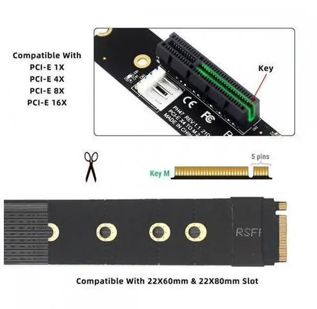 Alt view image 3 of 7 - M.2 NGFF NVMe M-Key to PCI-E X1 X4 X8 X16 Cable Graphics Card Extension Adapter PCI-Express for M2 2260 2280