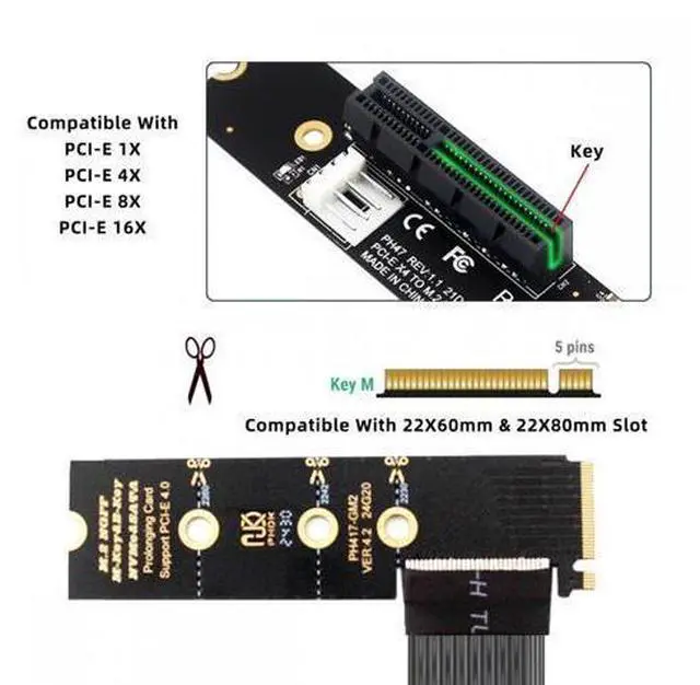 Alt view image 3 of 7 - M.2 NGFF NVMe M-Key Right Angled Type 90 Degree to PCI-E X1 X4 X8 X16 Cable Graphics Card Extension Adapter PCI-Express for M2 2260 2280