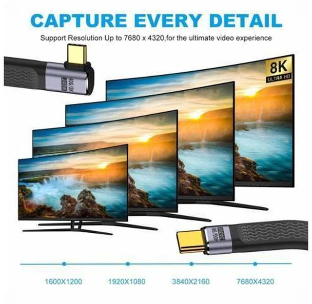 Alt view image 3 of 7 - Right Angled 240W Type-C USB-C Male to Male USB4 40Gbps 100W 8K Flat Slim FPC Data Cable for Laptop Phone 13cm