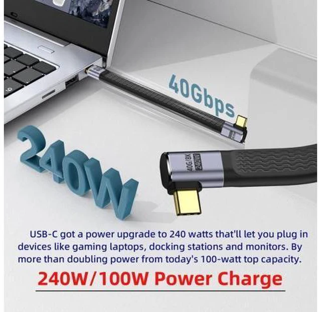Alt view image 4 of 7 - Right Angled 240W Type-C USB-C Male to Male USB4 40Gbps 100W 8K Flat Slim FPC Data Cable for Laptop Phone 13cm