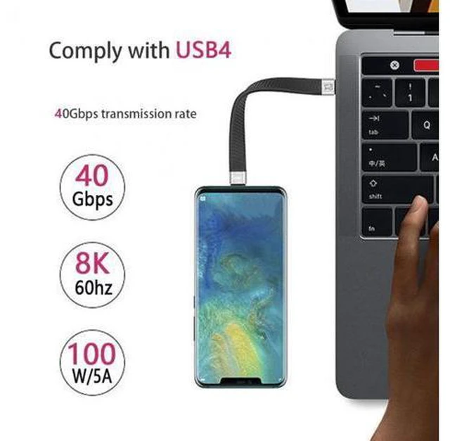 Alt view image 4 of 7 - Type-C USB-C Male to Male USB4 40Gbps 100W 8K Flat Slim FPC Data Cable for Laptop Phone 13cm