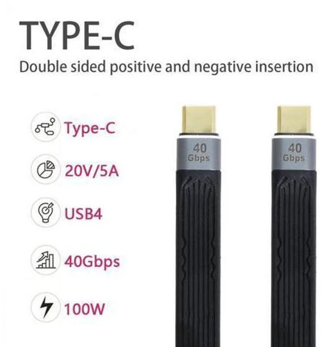 Alt view image 7 of 7 - Type-C USB-C Male to Male USB4 40Gbps 100W 8K Flat Slim FPC Data Cable for Laptop Phone 13cm