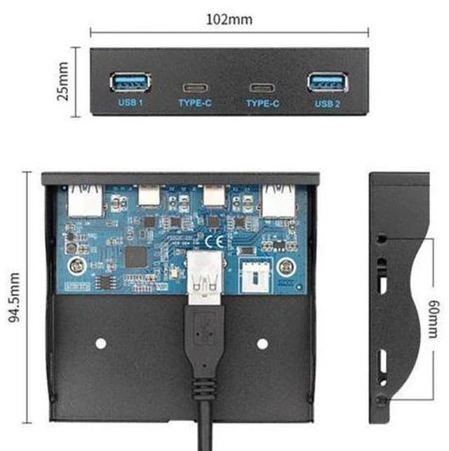 Alt view image 2 of 7 - SM USB-C & USB 3.0 HUB 4 Ports Front Panel to Motherboard 20Pin Connector Cable for 3.5" Floppy Bay