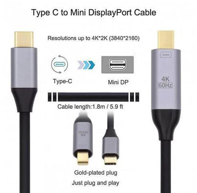 Alt view image 5 of 7 - HKCY UC-018-MDP USB 3.1 Type C USB-C Source to Mini DisplayPort DP Displays Male 4K Monitor Cable for Laptop 1.8m