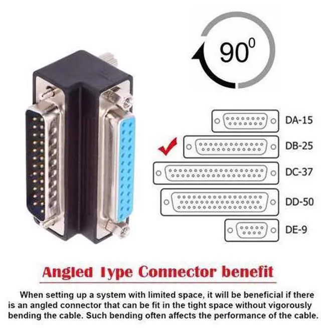 Alt view image 6 of 7 - DSUB Parallel LPT AES/EBU DB25pin Male Nut to Female Screw Extension Adapter DB Connector Up 90 Degree Angled