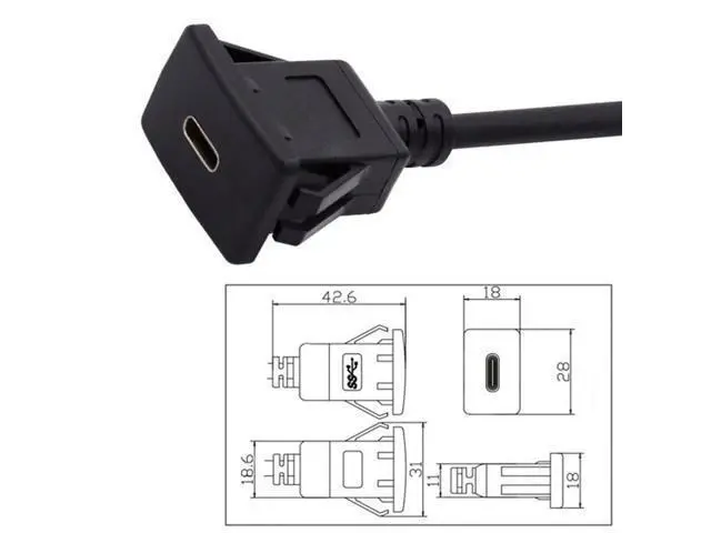 Alt view image 7 of 7 - HKCY UC-021-1.0M Waterproof Dustproof USB-C Type-C USB 3.1 10Gbps Extension Flush Car Latch Mount Extension Cable for Dashboard Panel