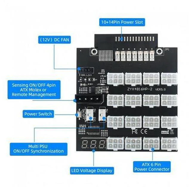 Alt view image 3 of 6 - Flex Slot Server Power Board 14+10Pin to 16x6Pin Power Supply Board for CHIA ETH BTC Mining Miner