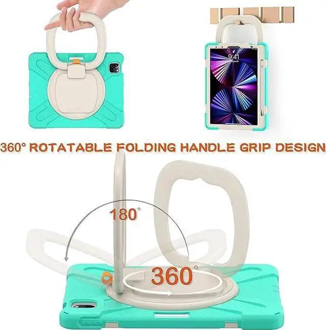 Alt view image 3 of 7 - 360° Rotatable Tablet Case with Hand & Shoulder Strap for iPad Air 4/Pro 11, Mint Green