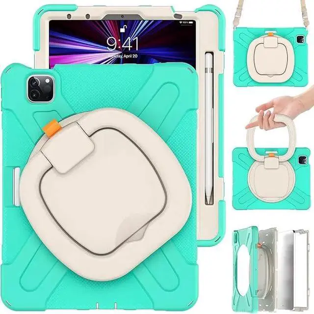 Alt view image 7 of 7 - 360° Rotatable Tablet Case with Hand & Shoulder Strap for iPad Air 4/Pro 11, Mint Green