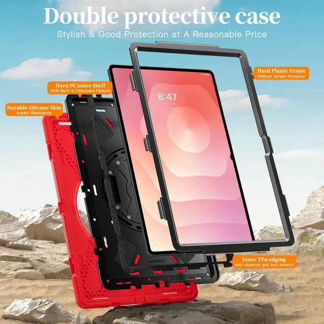 Alt view image 4 of 7 - Shockproof Kids Case w/Pen Slot,360°Hand Strap&Stand for Tab S11 Ultra 14.6"Red