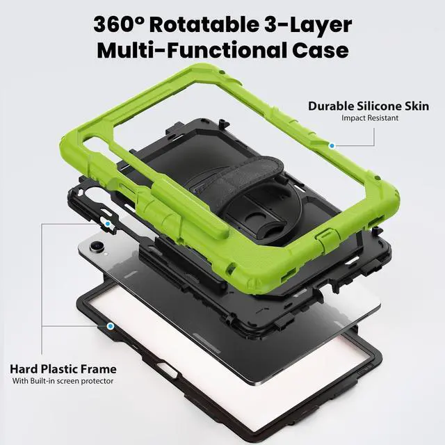 Alt view image 3 of 7 - 360° Rotatable Shockproof Protective Case with Hand Strap & Shoulder Strap for Samsung Galaxy Tab S11 11" (SM-X730/SM-X736B)Green