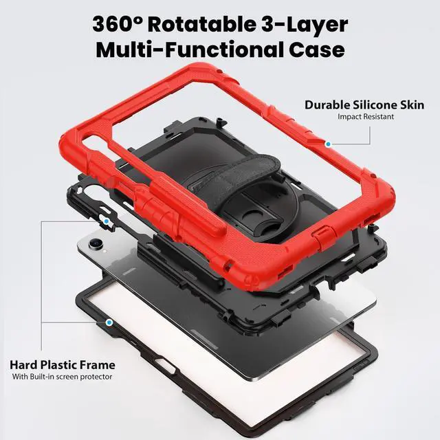 Alt view image 3 of 7 - Shockproof Case with 360° Stand & Straps for Tab S11 11", (SM-X730/SM-X736B)Red
