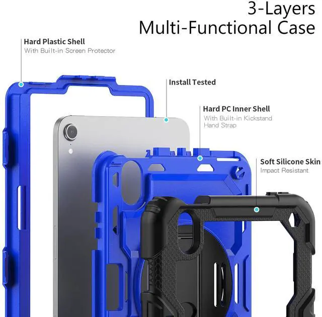 Alt view image 3 of 7 - Heavy Duty Shockproof Case with Screen Protector, 360° Rotatable Stand & Hand/Shoulder Strap for iPad Mini7(A17 Pro 2024)/Mini6 8.3", (BluePC)