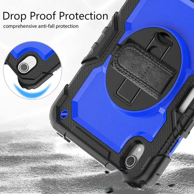 Alt view image 4 of 7 - Heavy Duty Shockproof Case with Screen Protector, 360° Rotatable Stand & Hand/Shoulder Strap for iPad Mini7(A17 Pro 2024)/Mini6 8.3", (BluePC)