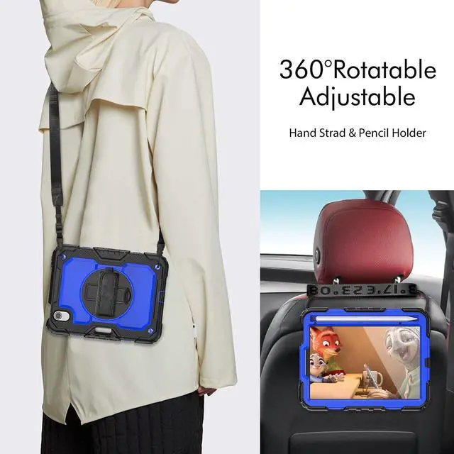 Alt view image 6 of 7 - Heavy Duty Shockproof Case with Screen Protector, 360° Rotatable Stand & Hand/Shoulder Strap for iPad Mini7(A17 Pro 2024)/Mini6 8.3", (BluePC)