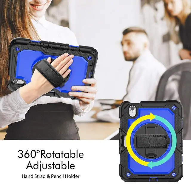 Alt view image 7 of 7 - Heavy Duty Shockproof Case with Screen Protector, 360° Rotatable Stand & Hand/Shoulder Strap for iPad Mini7(A17 Pro 2024)/Mini6 8.3", (BluePC)