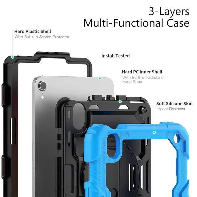 Alt view image 3 of 7 - Heavy Duty Shockproof Case with Screen Protector, 360° Rotatable Stand & Hand/Shoulder Strap for iPad Mini7(A17 Pro 2024)/Mini6 8.3", (Light Blue)