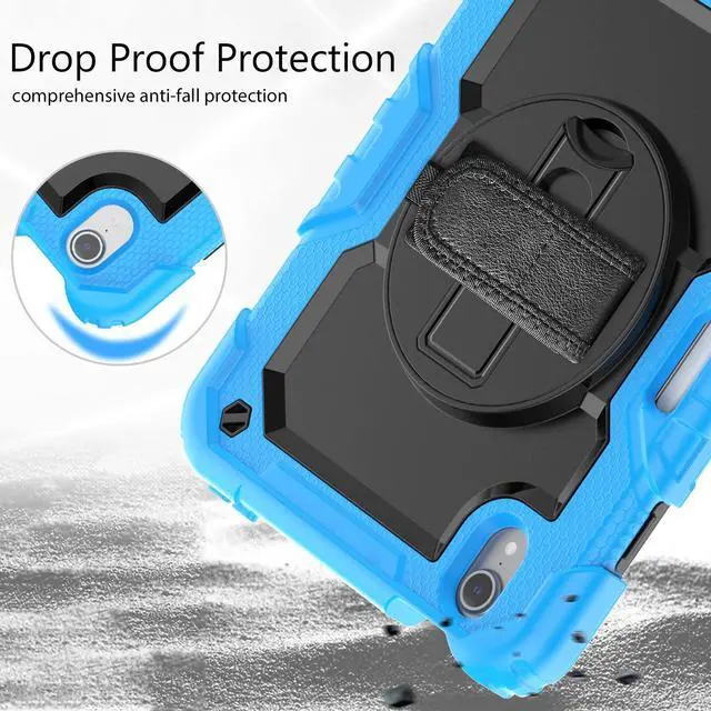 Alt view image 4 of 7 - Heavy Duty Shockproof Case with Screen Protector, 360° Rotatable Stand & Hand/Shoulder Strap for iPad Mini7(A17 Pro 2024)/Mini6 8.3", (Light Blue)