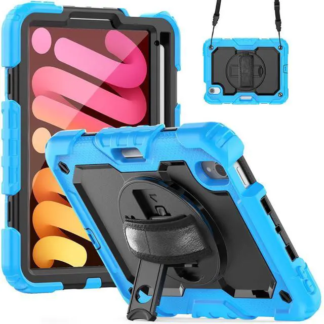 Main image of Heavy Duty Shockproof Case with Screen Protector, 360° Rotatable Stand & Hand/Shoulder Strap for iPad Mini7(A17 Pro 2024)/Mini6 8.3", (Light Blue)