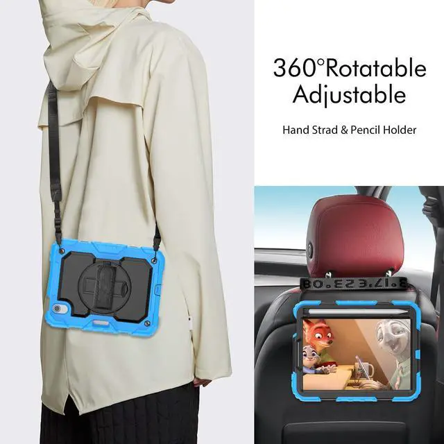 Alt view image 6 of 7 - Heavy Duty Shockproof Case with Screen Protector, 360° Rotatable Stand & Hand/Shoulder Strap for iPad Mini7(A17 Pro 2024)/Mini6 8.3", (Light Blue)