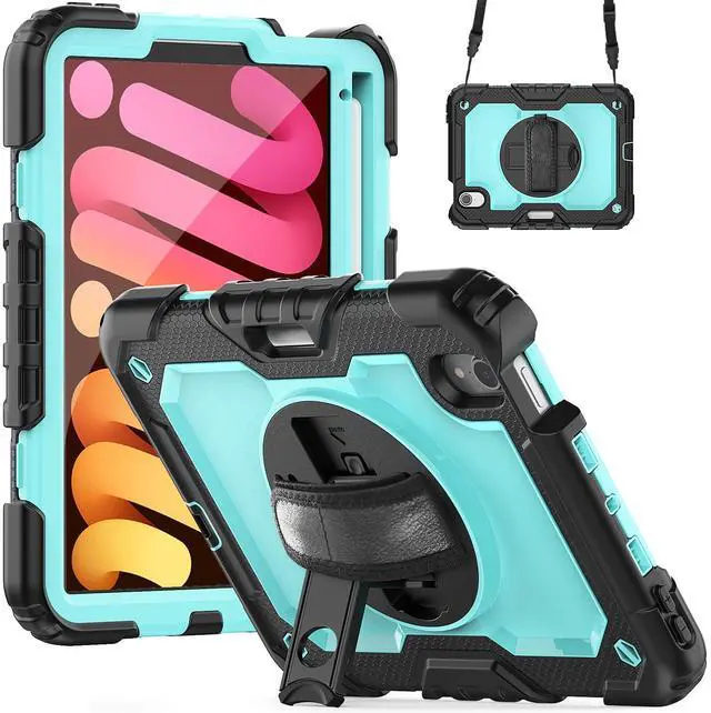 Main image of Heavy Duty Shockproof Case with Screen Protector, 360° Rotatable Stand & Hand/Shoulder Strap for iPad Mini7(A17 Pro 2024)/Mini6 8.3", (Light bluePC)