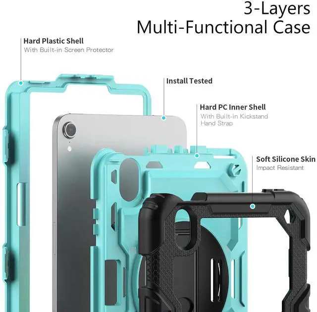 Alt view image 3 of 7 - Heavy Duty Shockproof Case with Screen Protector, 360° Rotatable Stand & Hand/Shoulder Strap for iPad Mini7(A17 Pro 2024)/Mini6 8.3", (Light bluePC)