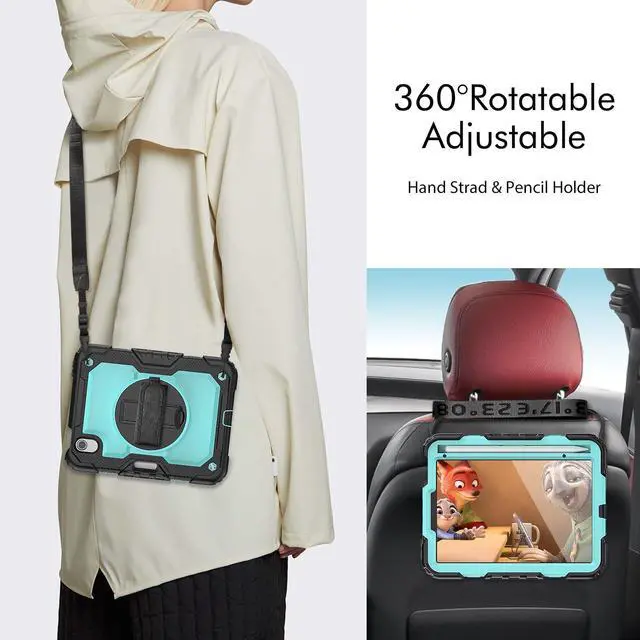 Alt view image 6 of 7 - Heavy Duty Shockproof Case with Screen Protector, 360° Rotatable Stand & Hand/Shoulder Strap for iPad Mini7(A17 Pro 2024)/Mini6 8.3", (Light bluePC)