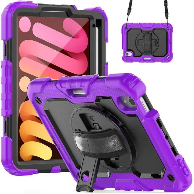 Main image of Heavy Duty Shockproof Case with Screen Protector, 360° Rotatable Stand & Hand/Shoulder Strap for iPad Mini7(A17 Pro 2024)/Mini6 8.3", (Purple)