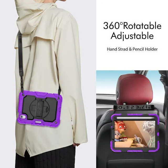 Alt view image 5 of 6 - Heavy Duty Shockproof Case with Screen Protector, 360° Rotatable Stand & Hand/Shoulder Strap for iPad Mini7(A17 Pro 2024)/Mini6 8.3", (Purple)