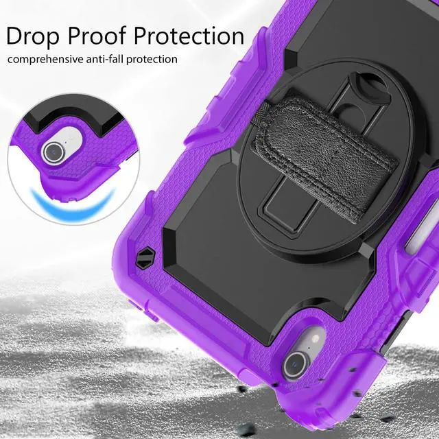 Alt view image 3 of 6 - Heavy Duty Shockproof Case with Screen Protector, 360° Rotatable Stand & Hand/Shoulder Strap for iPad Mini7(A17 Pro 2024)/Mini6 8.3", (Purple)