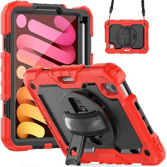 Main image of Heavy Duty Shockproof Case with Screen Protector, 360° Rotatable Stand & Hand/Shoulder Strap for iPad Mini7(A17 Pro 2024)/Mini6 8.3", (Red)