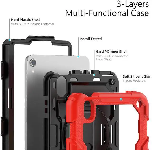 Alt view image 3 of 7 - Heavy Duty Shockproof Case with Screen Protector, 360° Rotatable Stand & Hand/Shoulder Strap for iPad Mini7(A17 Pro 2024)/Mini6 8.3", (Red)