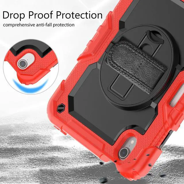 Alt view image 4 of 7 - Heavy Duty Shockproof Case with Screen Protector, 360° Rotatable Stand & Hand/Shoulder Strap for iPad Mini7(A17 Pro 2024)/Mini6 8.3", (Red)