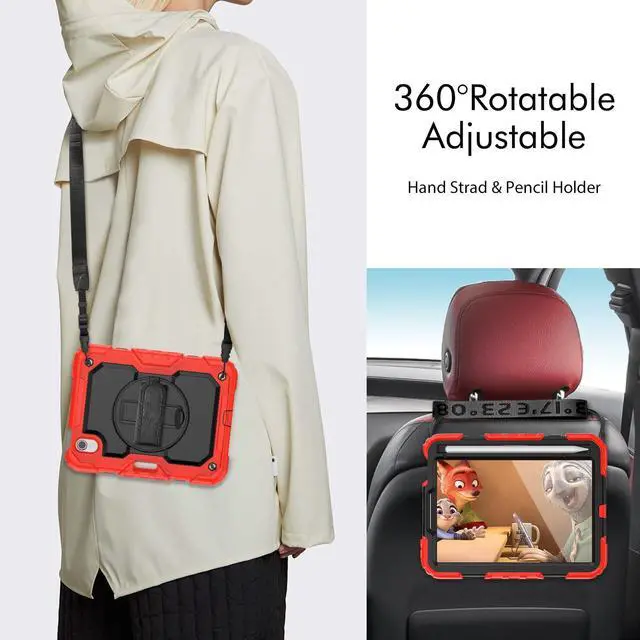 Alt view image 6 of 7 - Heavy Duty Shockproof Case with Screen Protector, 360° Rotatable Stand & Hand/Shoulder Strap for iPad Mini7(A17 Pro 2024)/Mini6 8.3", (Red)