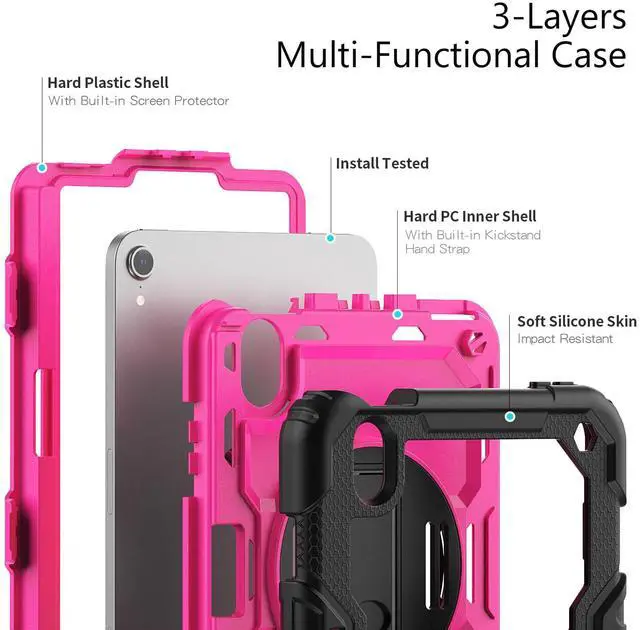 Alt view image 3 of 7 - Heavy Duty Shockproof Case with Screen Protector, 360° Rotatable Stand & Hand/Shoulder Strap for iPad Mini7(A17 Pro 2024)/Mini6 8.3", (RosePC)